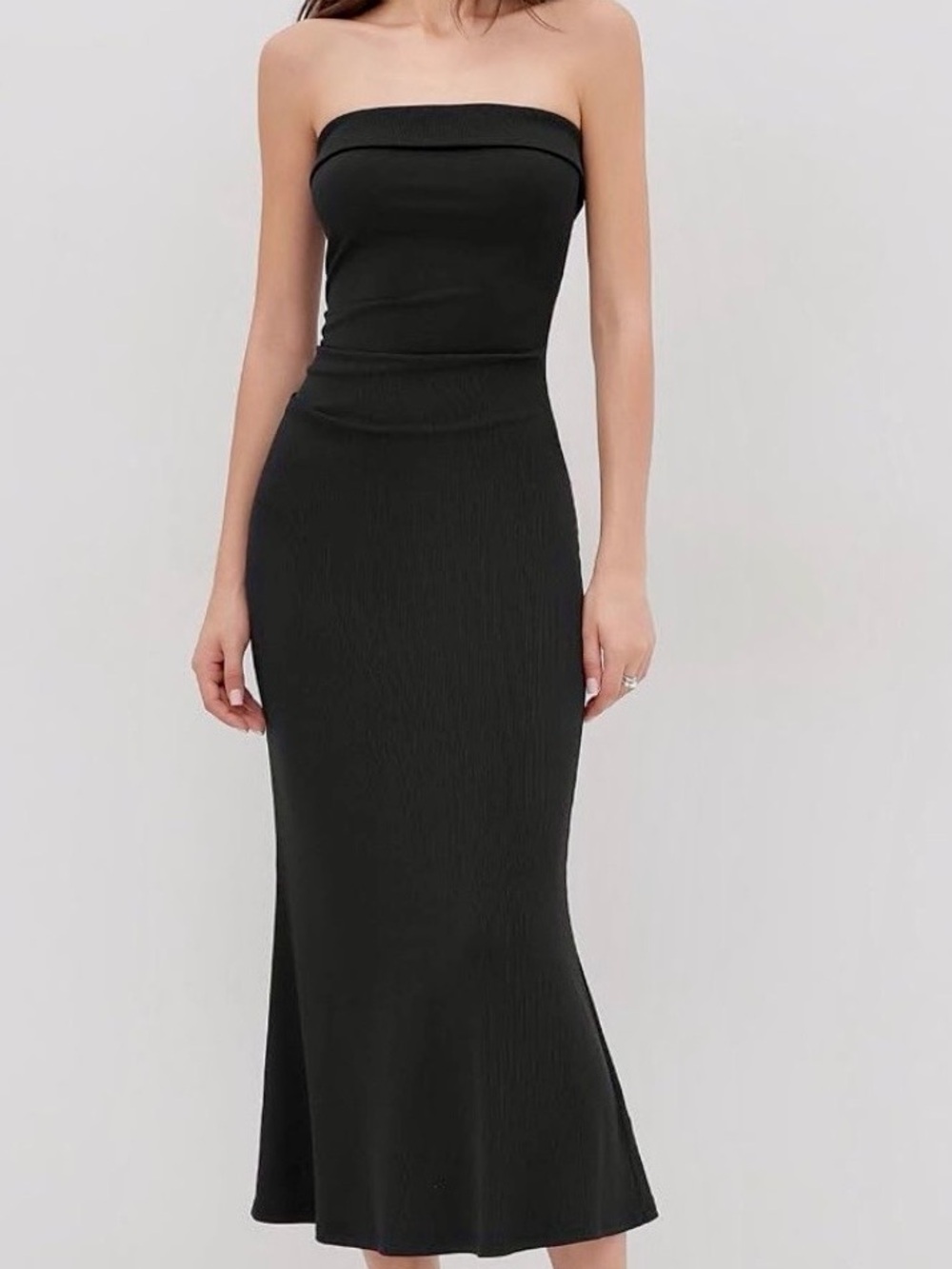 Strapless Black Rib-Knit Maxi Dress